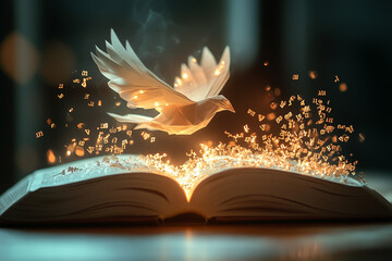 Mesmerizing scene of an origami bird illuminated with warm light, rising from the pages of an open book, surrounded by floating golden letters. Literature And Fairytale Concept.