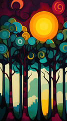Obraz premium Geometrically Styled Forest Scene with Bold Teal and Maroon Trees and a Glowing Sun for Abstract Nature Art