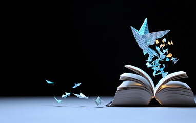 Flock of origami birds, crafted from text, rise from the pages of an open book into a dark background, symbolizing the journey of ideas brought to life through storytelling and knowledge.