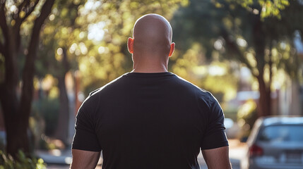Obraz premium Rearview of the security guard wearing a black t shirt, walking outdoors, copy space. muscular and fit bald guy, strong adult man back view. professional bodyguard service, monitoring, patrolling.