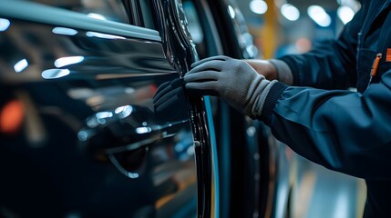 A worker carefully aligning a car door before securing it on the assembly line.