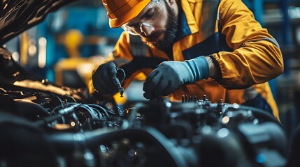 A worker in safety gear inspecting the engine assembly in a car manufacturing plant.