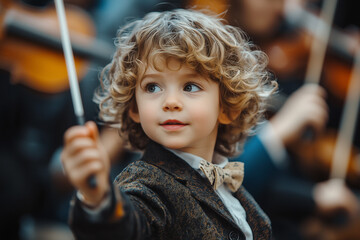 Young musician conducting an orchestra with a baton in a concert hall. Young maestro.
