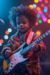 Obraz premium Young African-American musician playing electric guitar on a stage with bokeh lights in the background. Rising rock star on stage.