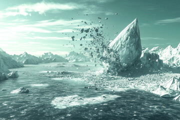 Fototapeta premium Large chunk of ice breaking off a glacier and falling into the ocean, illustrating glacial calving