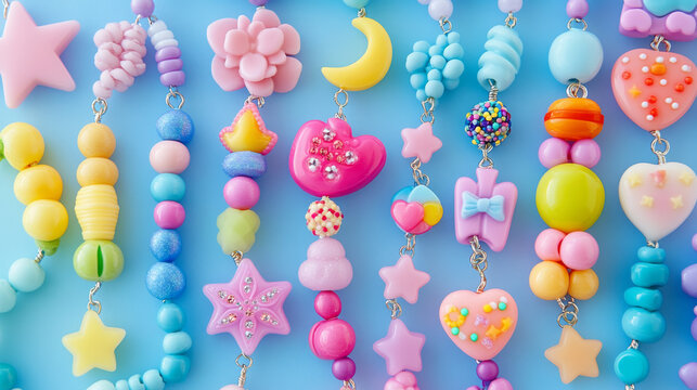 Colorful friendship bracelets made up of vibrant beads and playful charms like fruits and stars, hearts and smile, flowers and moon. Cartoon vector set of fun and cheerful child girl accessory set.