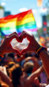 Hands forming a heart with LGBTQ+ pride flag in the background at a parade