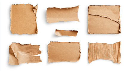 Torn cardboard paper set. Brown ragged ripped sheets pieces with corrugated texture isolated on white background, edge blank mock up for ads design. Realistic 3d vector illustration, icon, clip art