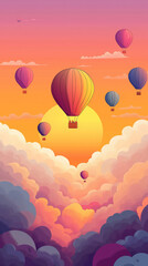 Fototapeta premium Dreamy Sunset View from a Hot Air Balloon Surrounded by Colorful Balloons for Inspirational Art