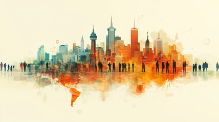 Fototapeta premium Vibrant urban landscape with silhouettes amidst dynamic reflections at dusk