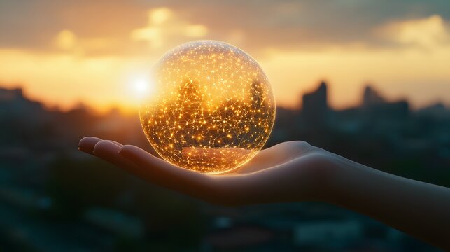 Hand holding a glowing sphere with digital network pattern against a serene sunrise and blurred city background - Powered by Adobe