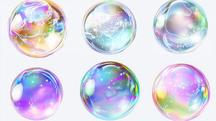 Obraz premium Neon soap bubbles, rainbow colorful iridescent glass balls or spheres isolated on transparent background. Water foam, shiny bright soapy circles, Realistic 3d vector illustration, set