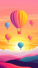 Fototapeta premium Colorful Hot Air Balloon Sunset Scene with Floating Balloons for Kids' Room Decoration