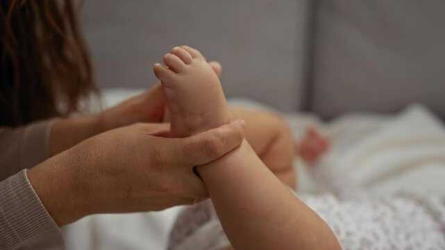 Woman gently holding baby feet on a couch in cozy living room showcasing love and care in a peaceful home environment.