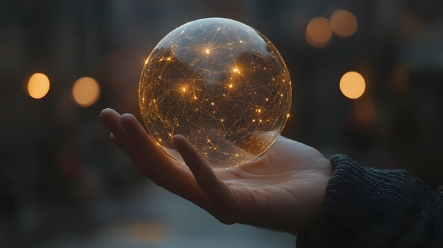 Hand holding a glowing translucent sphere with golden light connection network in a dim background
