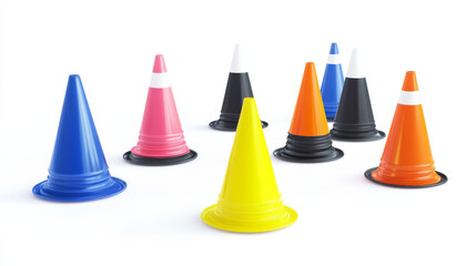 Traffic cone mockups set isolated on white background. Vector realistic illustration of red, orange and white striped warning sign, safety barrier for accident scene, construction site, attention