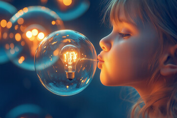 Naklejka premium Child gently blows a soap bubble containing a glowing light bulb, representing the power of imagination, creativity, and new ideas.