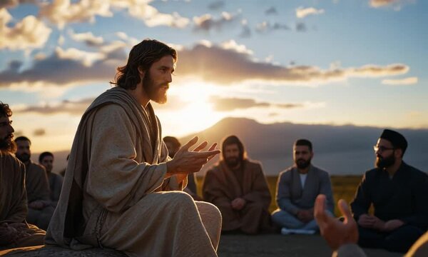 Man in robe speaks to a group of people during sunset.