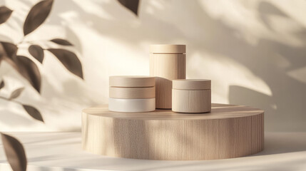 Wooden podium mockup for product display and promotion. Realistic 3d vector illustration set of cylinder and square box goods stage. Promo pedestal template fir natural and eco presentation.