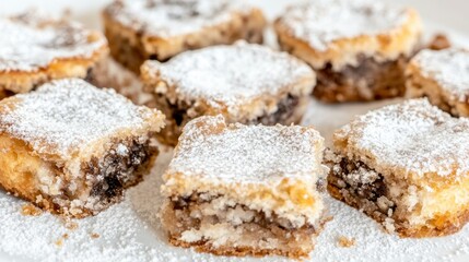 A close-up of powdered sugar-dusted dessert squares with a layered filling.