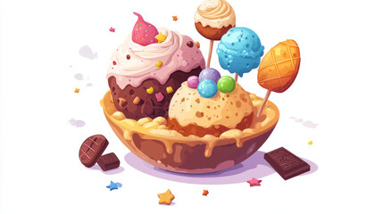 Candy planets set isolated on background. Vector cartoon illustration of sweet ice cream ball, biscuit cake decorated with chocolate, pink icing and caramel, magic confectionery land design elements