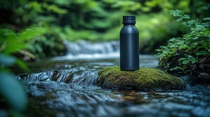 Fototapeta premium reusable water bottle placed on mossy rock near flowing stream symbolizing eco-conscious living