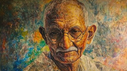 Expressive portrait, textured paint, Mahatma Gandhi.