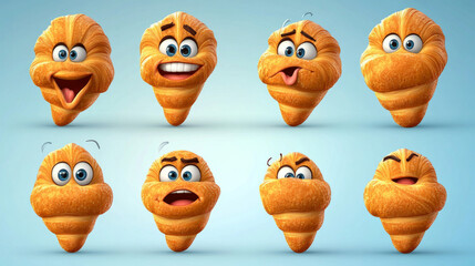 Fototapeta premium Cartoon croissant character with different emotions on face. Set of funny baked buns with big eyes and mouth happy, smiling, sad, angry, scared, surprised, crazy. Bakery emoji vector illustration