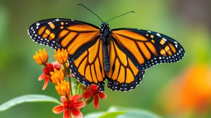 Fototapeta premium A vibrant monarch butterfly perched on colorful flowers in a natural setting.