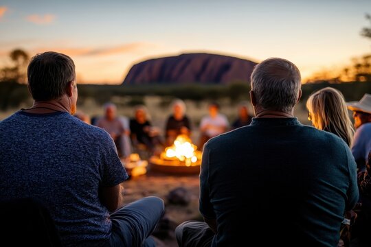 A cozy circle of people enjoying a campfire with Uluru in the background, creating a sense of community and connection under the beautiful twilight sky.