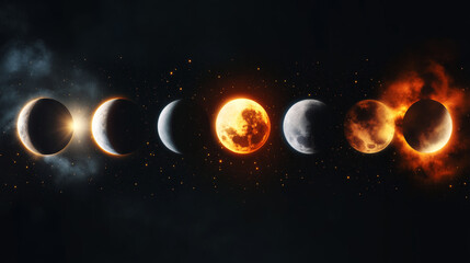 Sun and moon in solar eclipse in different phases. Outer space with total and partial solar eclipse, stars and smoke isolated on transparent background, vector realistic illustration