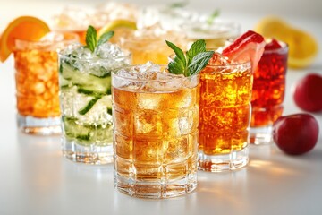 A collection of glasses filled with different beverages, ideal for use in food and beverage related content