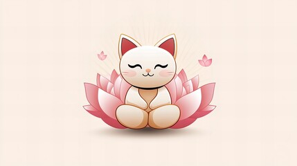 A cute cartoon cat meditating on a pink lotus flower, radiating serenity and calm.