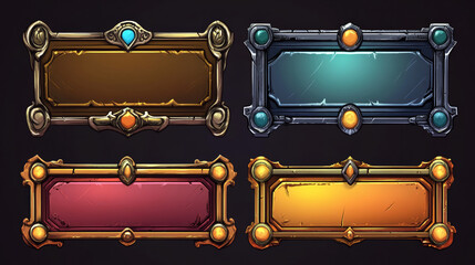Naklejka premium Empty rectangle frames in medieval style for game ui design. Vector cartoon set of user interface elements with golden, bronze and silver ornate border, ranking progress panel isolated on background