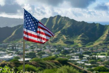 The USA flag on the background of Honolulu views