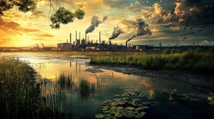 A factory landscape at sunset, showcasing industrial pollution and natural elements.