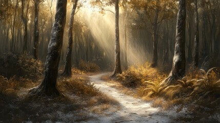Fototapeta premium Sunbeams illuminate a snow-dusted path winding through a tranquil winter forest.