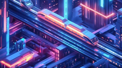 A futuristic cityscape featuring glowing trains and neon-lit skyscrapers.