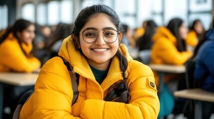 A smiling student in a yellow jacket sits in a classroom filled with peers.