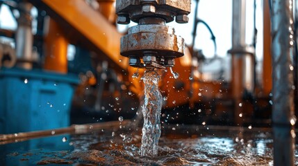 Water flowing from industrial pipe factory site high-quality image urban environment close-up perspective fluid dynamics