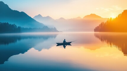 A serene sunset over a calm lake with a lone figure in a boat, reflecting tranquility.