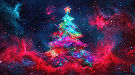 A vibrant cosmic Christmas tree set against a colorful starry background.