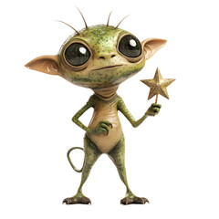 Fototapeta premium Whimsical Green Creature Holding a Star Wand in Enchanted Setting