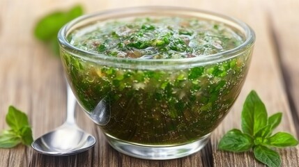 A glass bowl of green herb sauce on a wooden surface, garnished with fresh herbs.