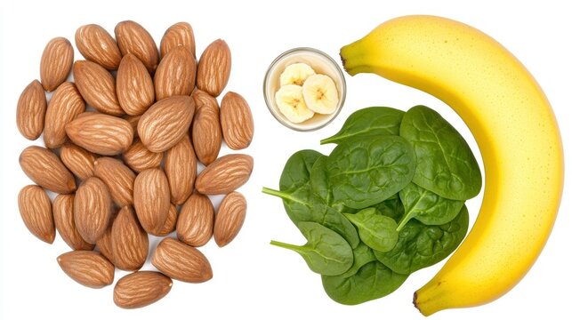 A healthy assortment of almonds, spinach, and a banana, promoting nutritious eating.