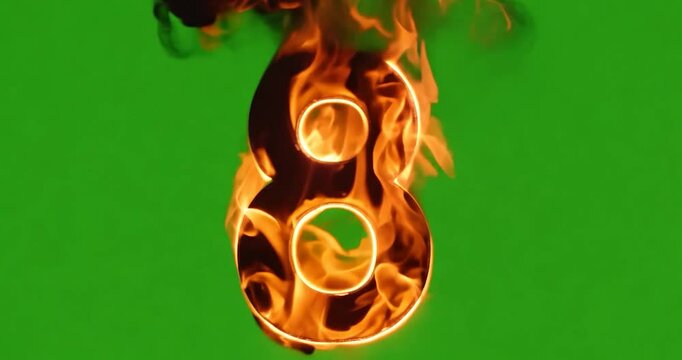 Number '8' glowing red-hot with fiery intensity,  green screen