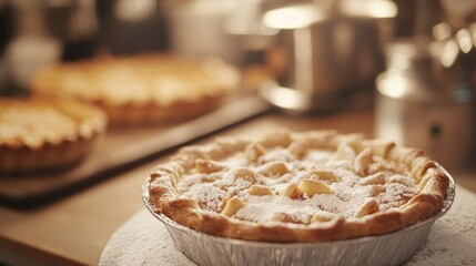 A freshly baked apple pie dusted with powdered sugar, set in a cozy kitchen environment.