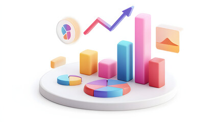 lying composition 3d icon, UI icon, a chart icon, bar chart has a rising arrow on it, bar chart, pie chart, a rising arrow, frosted glass, transparent, white background, transparent technology sense