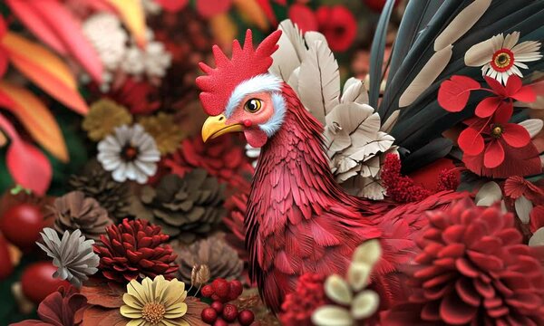 Red rooster amidst vibrant red and beige flowers.