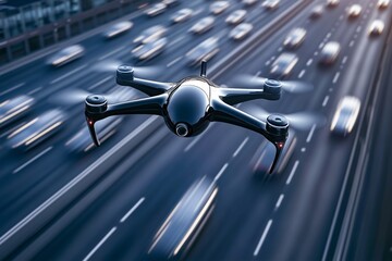Futuristic drone with camera controls highway road conditions